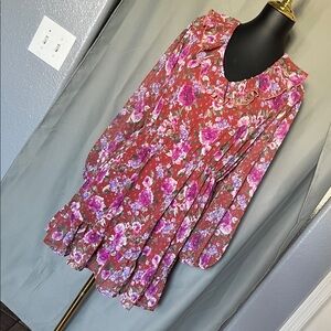 Floral Ruffle Neck Long-Sleeve Women’s Top - Pink on Rust